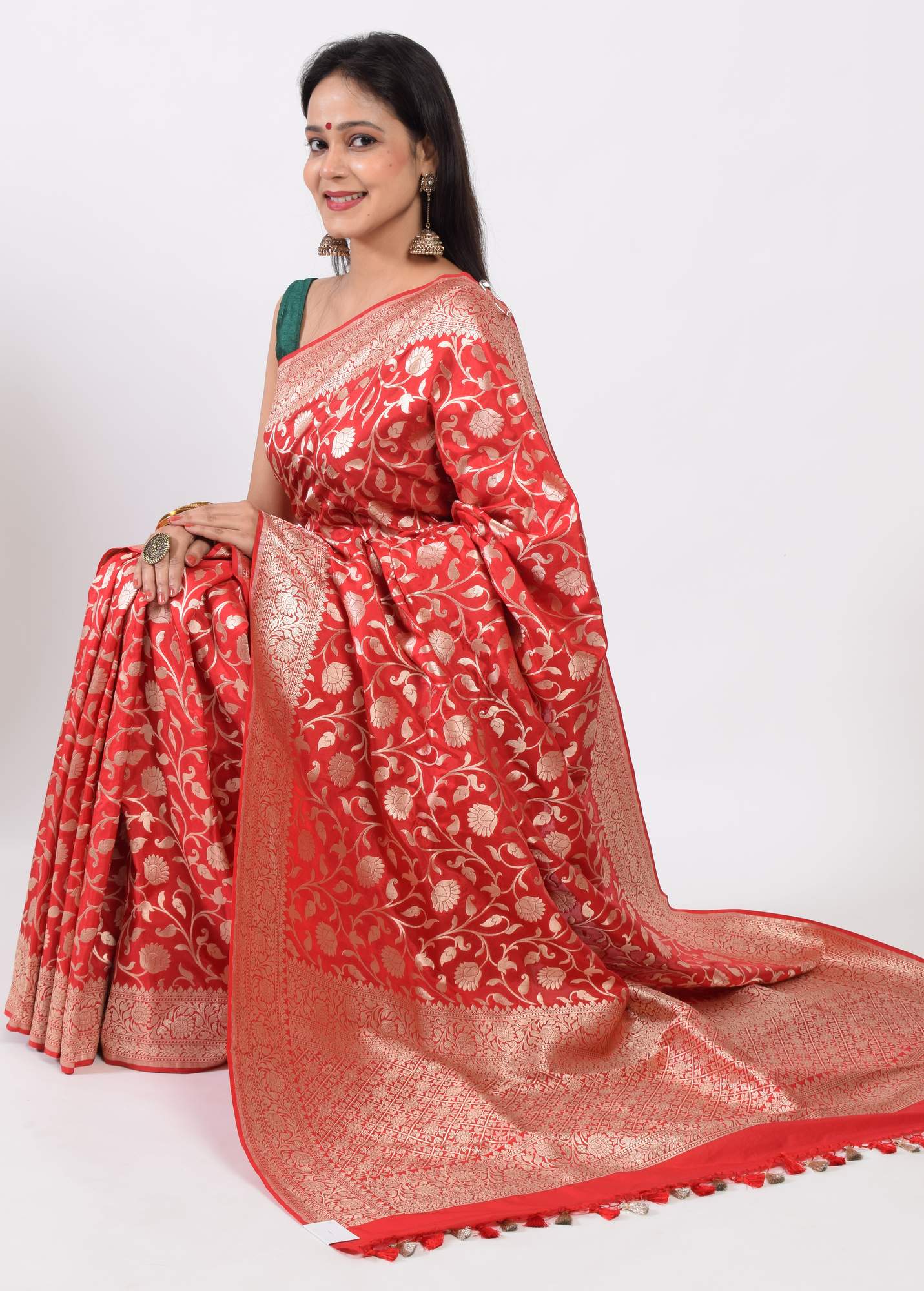 100% Pure Katan Silk Banarasi Handloom Woven Floral Zari Zaal Saree Sari Red