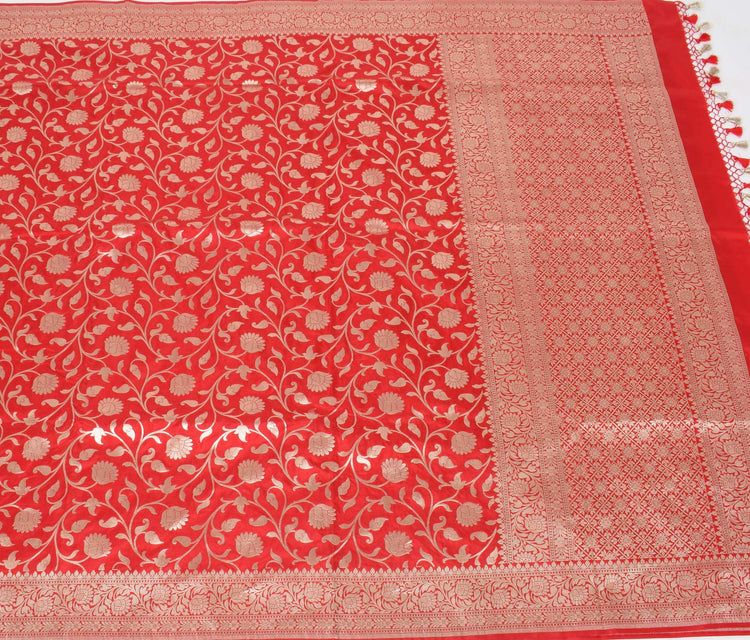 100% Pure Katan Silk Banarasi Handloom Woven Floral Zari Zaal Saree Sari Red