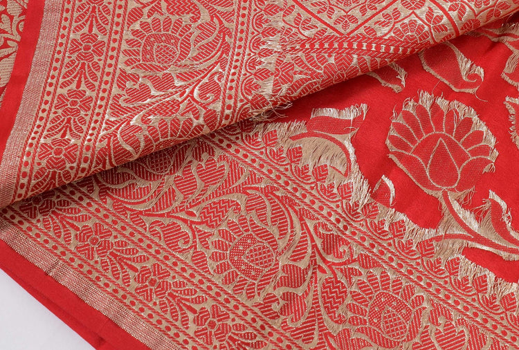 100% Pure Katan Silk Banarasi Handloom Woven Floral Zari Zaal Saree Sari Red