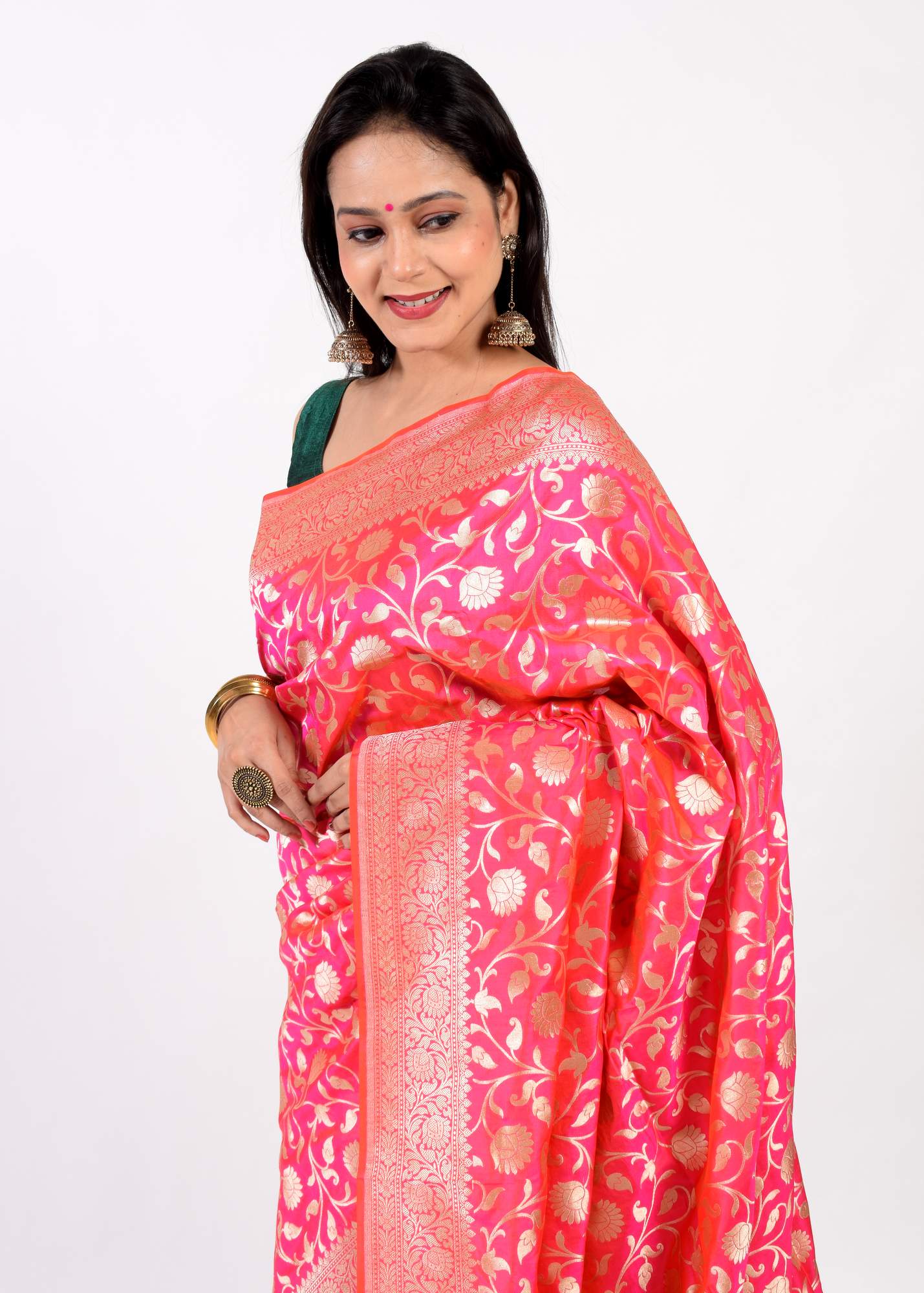 100% Pure Katan Silk Banarasi Handloom Multi Shades Pink Zari Zaal Woven Saree