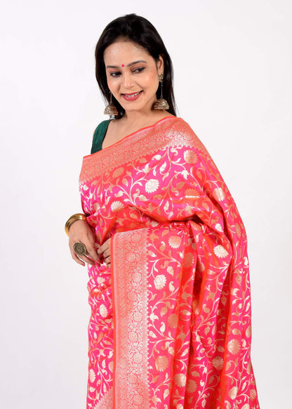 100% Pure Katan Silk Banarasi Handloom Multi Shades Pink Zari Zaal Woven Saree