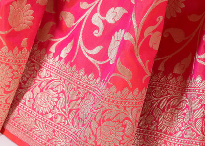 100% Pure Katan Silk Banarasi Handloom Multi Shades Pink Zari Zaal Woven Saree