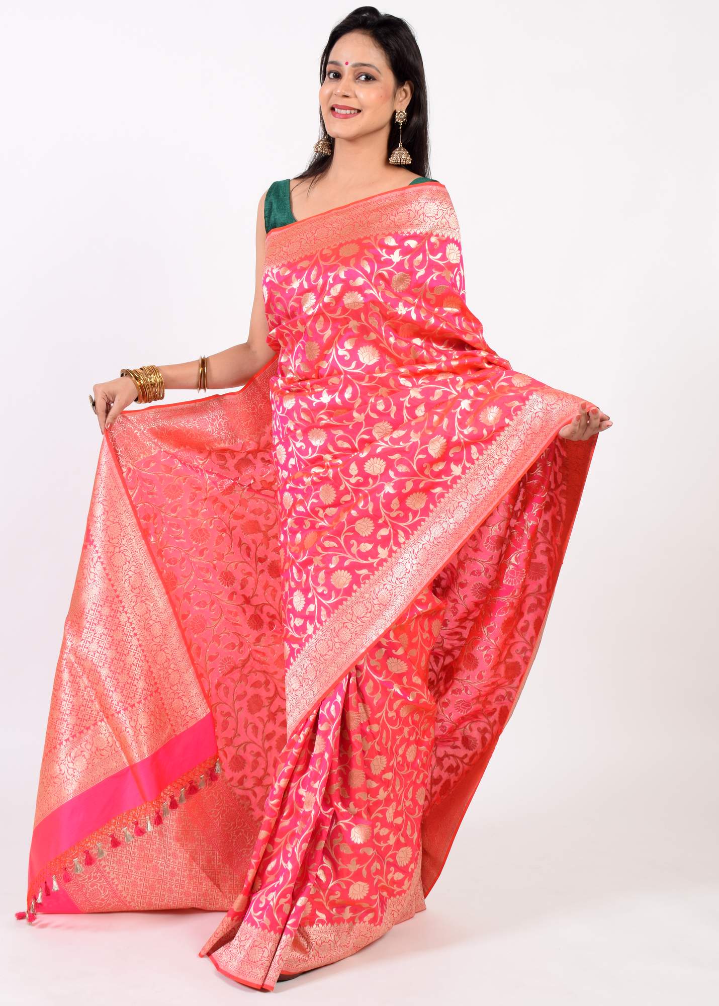 100% Pure Katan Silk Banarasi Handloom Multi Shades Pink Zari Zaal Woven Saree