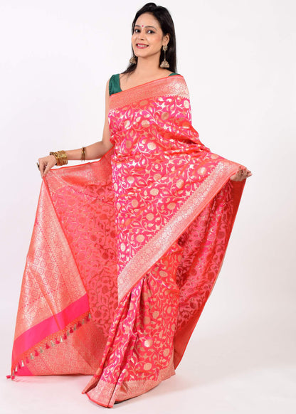 100% Pure Katan Silk Banarasi Handloom Multi Shades Pink Zari Zaal Woven Saree