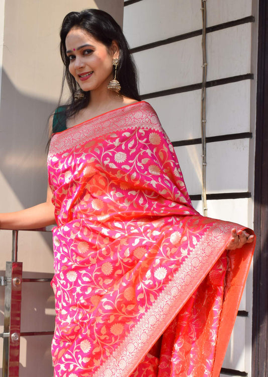 100% Pure Katan Silk Banarasi Handloom Multi Shades Pink Zari Zaal Woven Saree