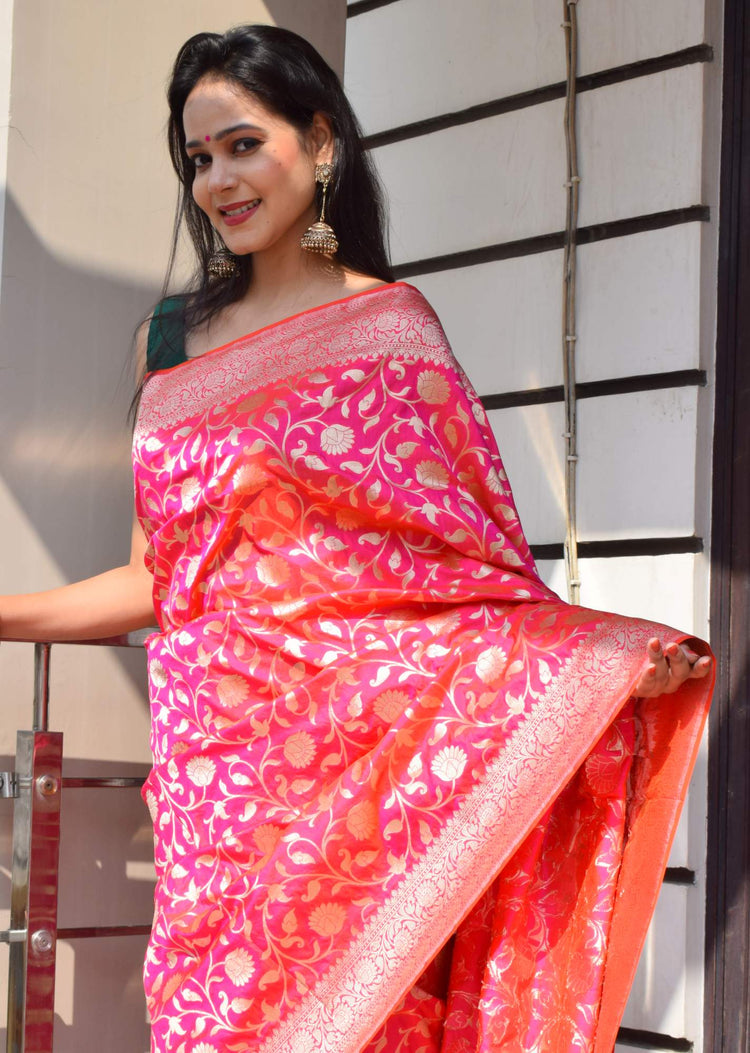 100% Pure Katan Silk Banarasi Handloom Multi Shades Pink Zari Zaal Woven Saree