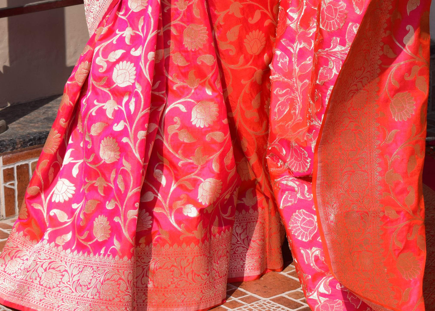 100% Pure Katan Silk Banarasi Handloom Multi Shades Pink Zari Zaal Woven Saree