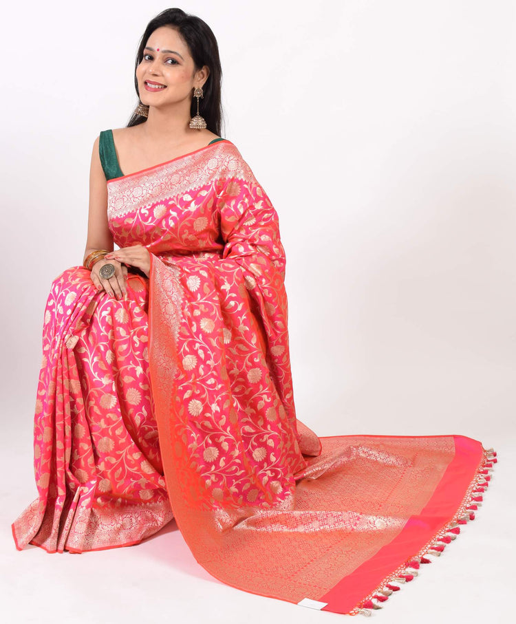 100% Pure Katan Silk Banarasi Handloom Multi Shades Pink Zari Zaal Woven Saree