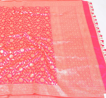 100% Pure Katan Silk Banarasi Handloom Multi Shades Pink Zari Zaal Woven Saree