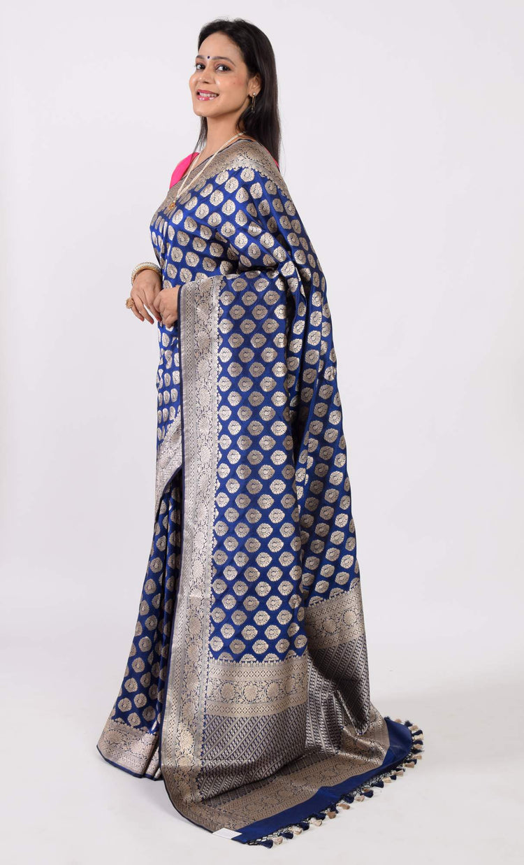 100% Pure Katan Silk Banarasi Handloom Blue Zari Woven Saree Sari Fabric
