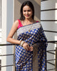 100% Pure Katan Silk Banarasi Handloom Blue Zari Woven Saree Sari Fabric