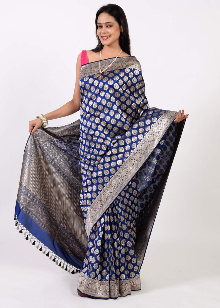 100% Pure Katan Silk Banarasi Handloom Blue Zari Woven Saree Sari Fabric