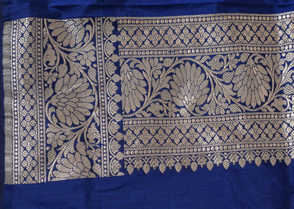 100% Pure Katan Silk Banarasi Handloom Blue Zari Woven Saree Sari Fabric