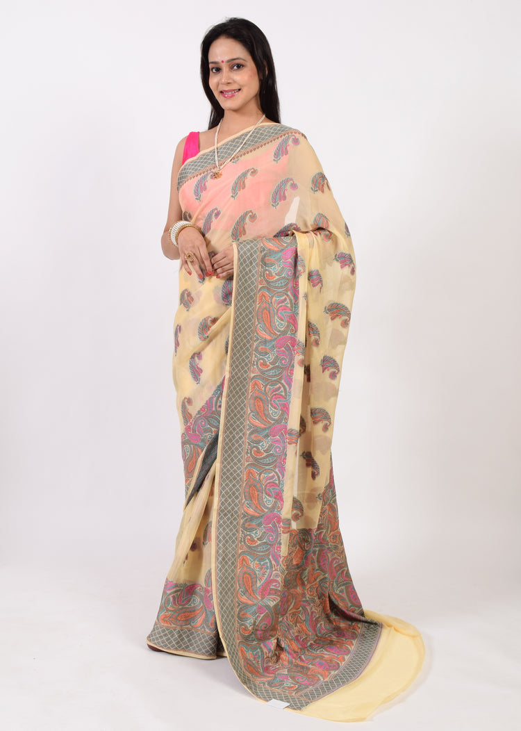 Cream Pure Khaddi Chiffon Silk Banarasi Handloom Woven Paisley Motifs Saree