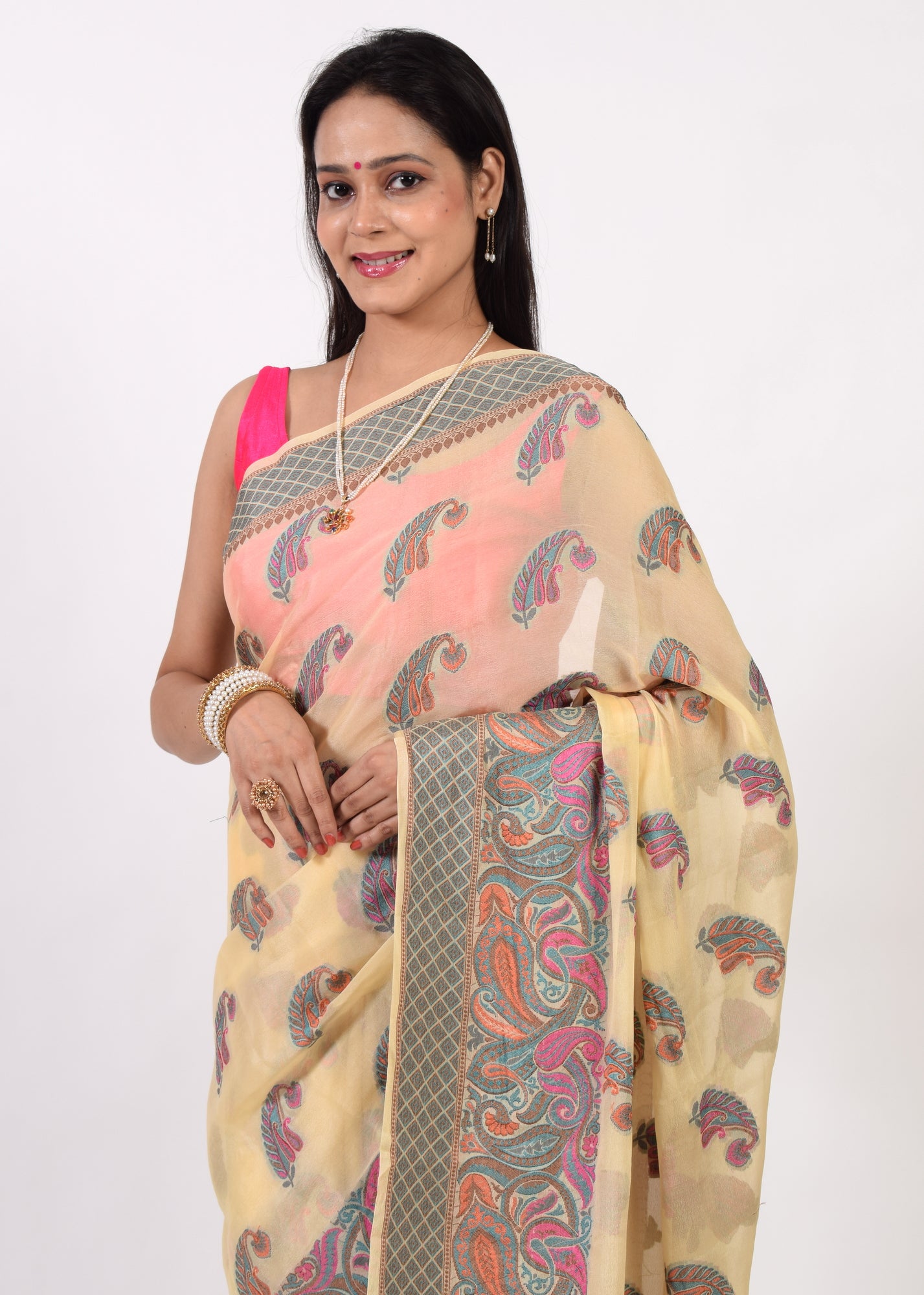 Cream Pure Khaddi Chiffon Silk Banarasi Handloom Woven Paisley Motifs Saree