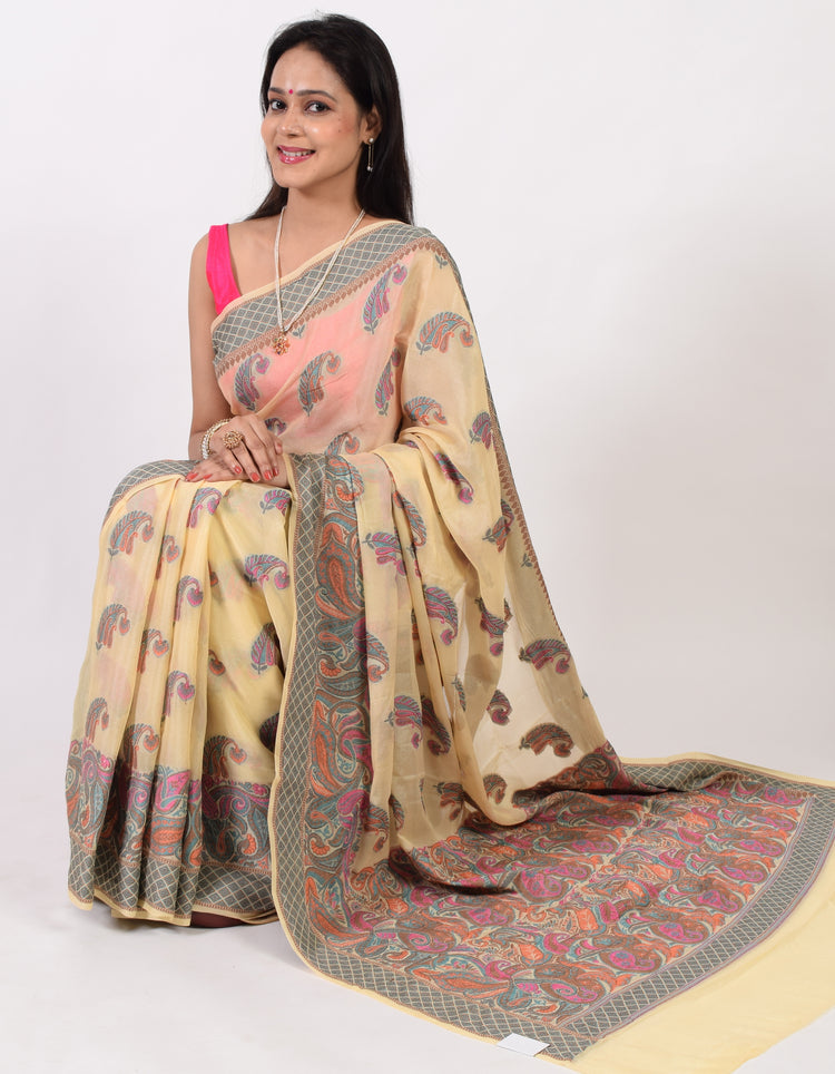 Cream Pure Khaddi Chiffon Silk Banarasi Handloom Woven Paisley Motifs Saree