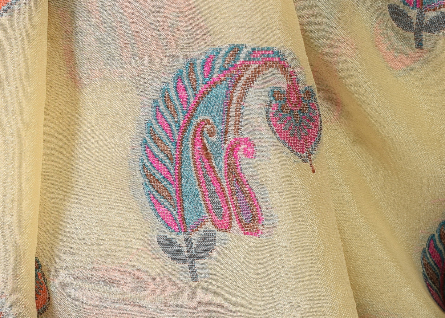 Cream Pure Khaddi Chiffon Silk Banarasi Handloom Woven Paisley Motifs Saree