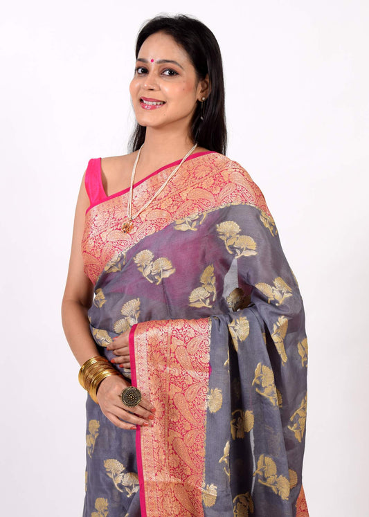 Gray & Magenta Pure Khaddi Chiffon Silk Banarasi Handloom Premium Saree Fabric