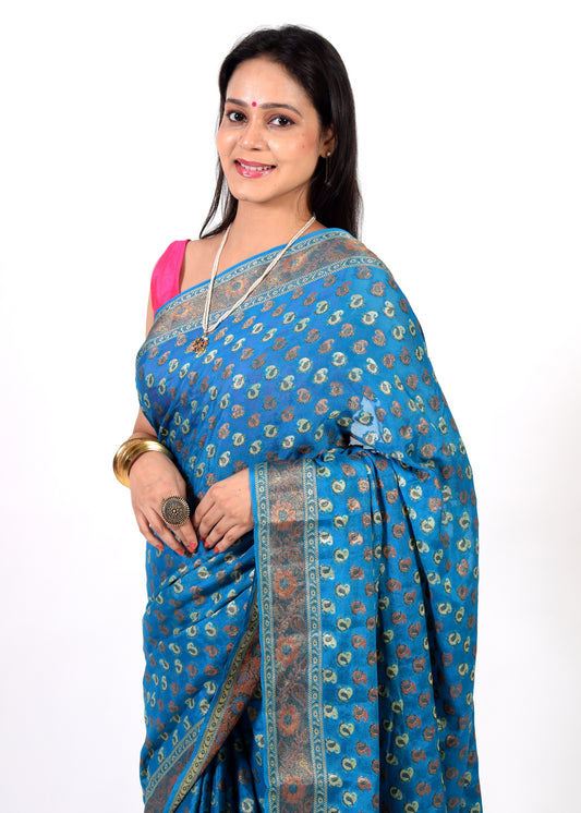 Teal Blue Pure Khaddi Chiffon Silk Banarasi Handloom Zari Woven Motifs Saree