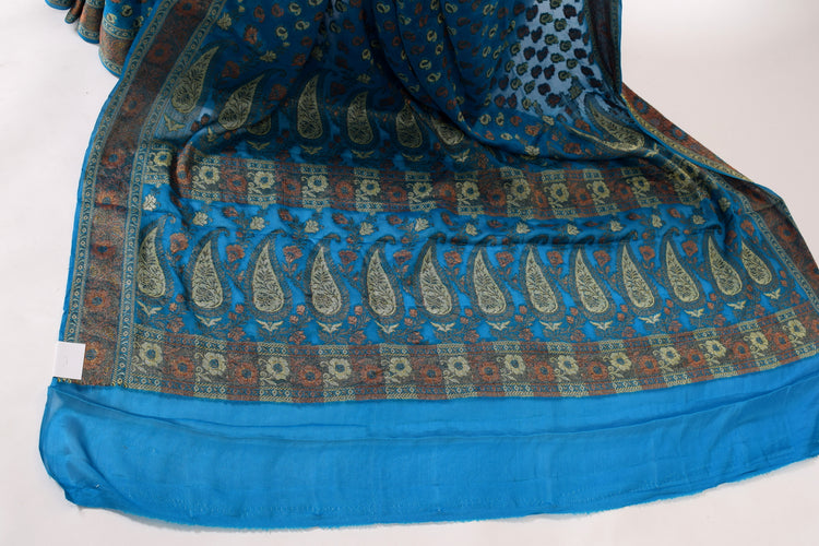 Teal Blue Pure Khaddi Chiffon Silk Banarasi Handloom Zari Woven Motifs Saree