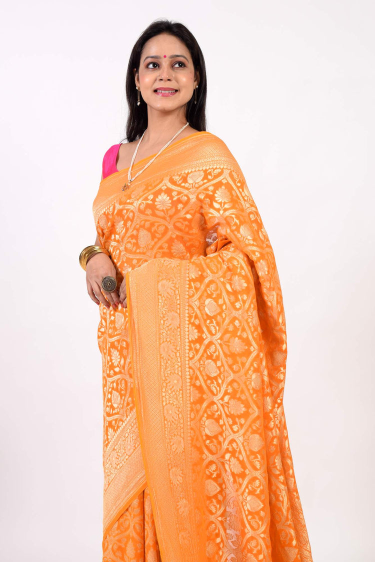 Orange Pure Khaddi Georgette Silk Banarasi Handloom Woven Zari Zaal Saree Fabric