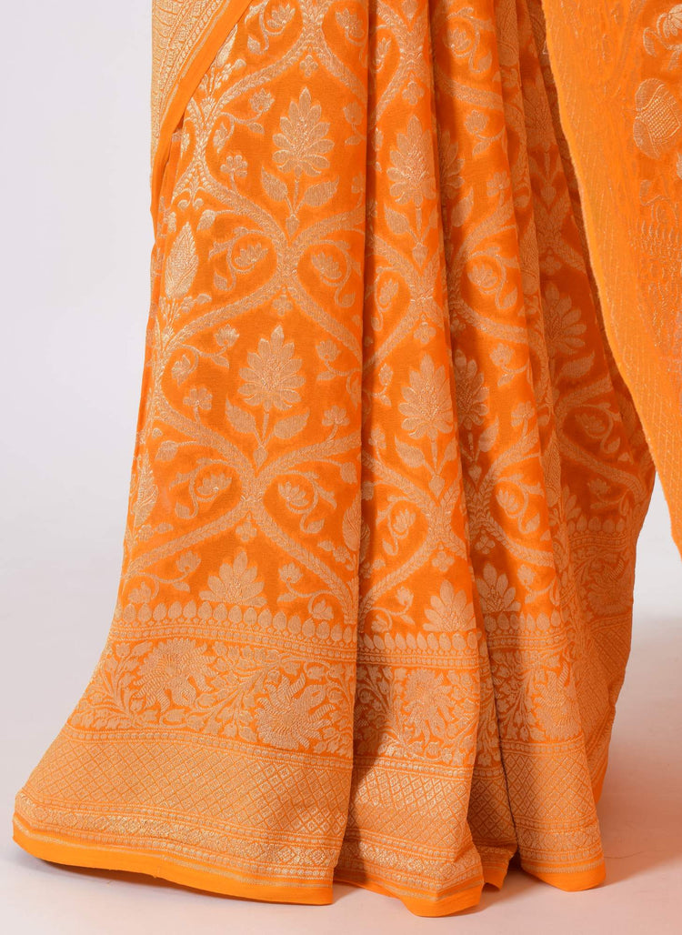Orange Pure Khaddi Georgette Silk Banarasi Handloom Woven Zari Zaal Saree Fabric