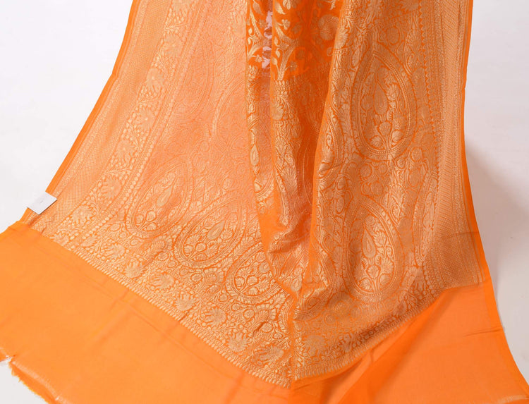 Orange Pure Khaddi Georgette Silk Banarasi Handloom Woven Zari Zaal Saree Fabric