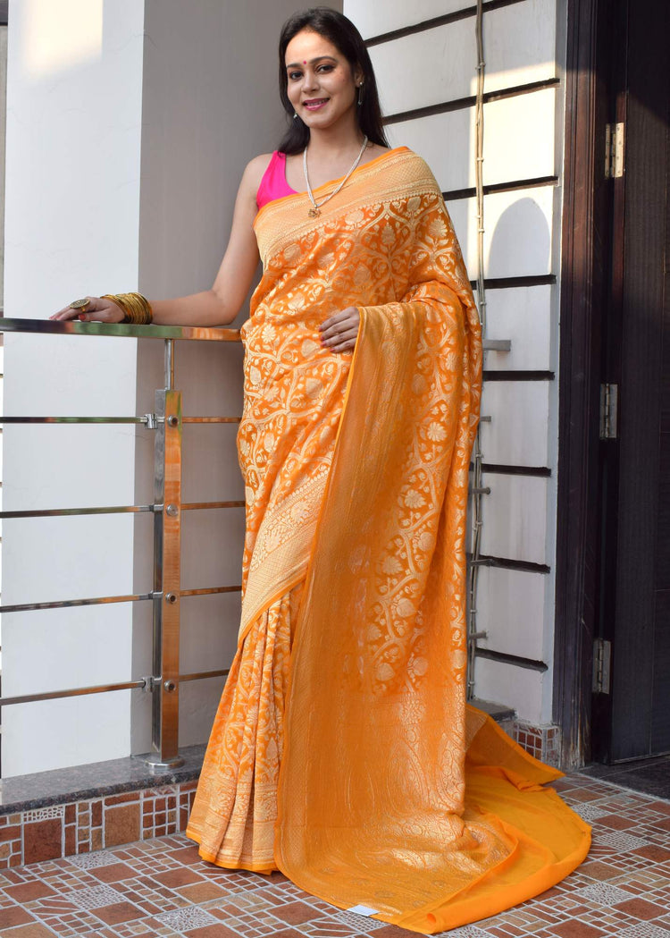 Orange Pure Khaddi Georgette Silk Banarasi Handloom Woven Zari Zaal Saree Fabric