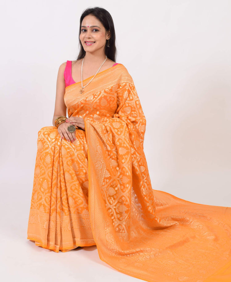 Orange Pure Khaddi Georgette Silk Banarasi Handloom Woven Zari Zaal Saree Fabric