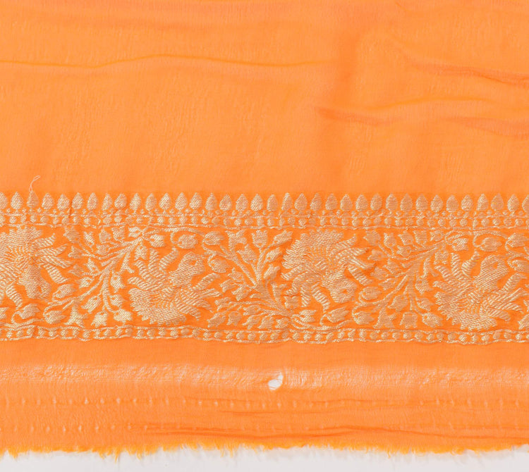 Orange Pure Khaddi Georgette Silk Banarasi Handloom Woven Zari Zaal Saree Fabric