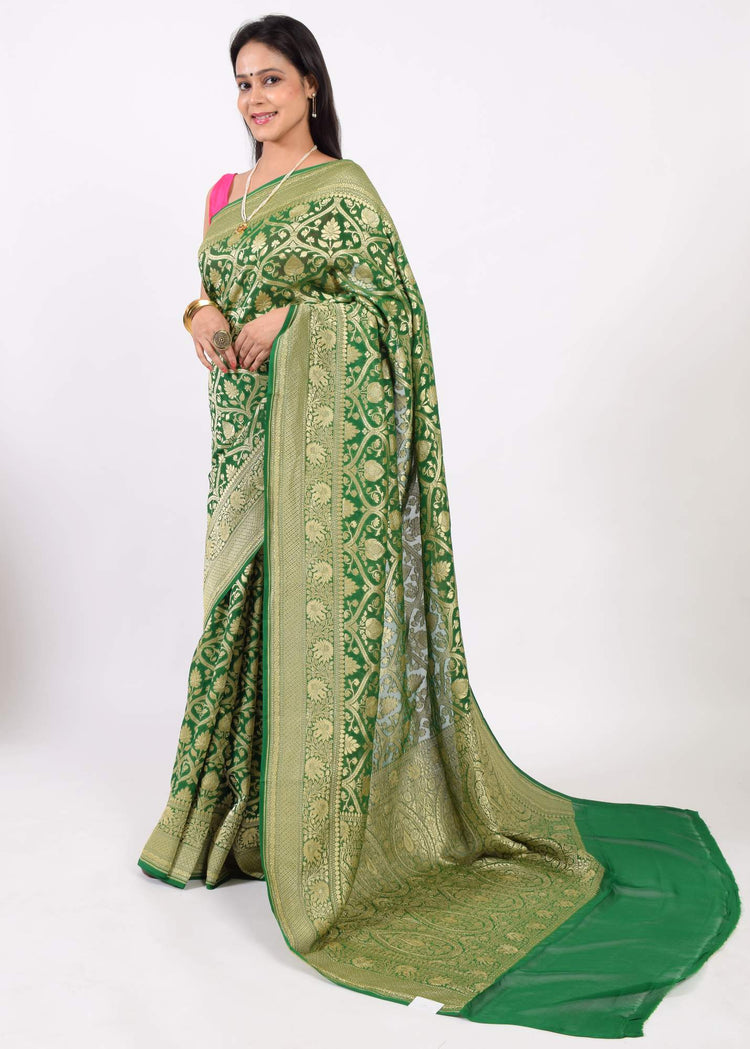 Green Pure Khaddi Georgette Silk Banarasi Handloom Woven Zari Zaal Saree Fabric
