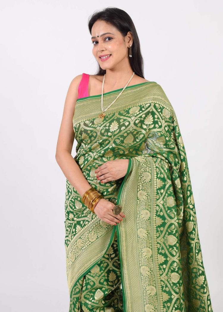 Green Pure Khaddi Georgette Silk Banarasi Handloom Woven Zari Zaal Saree Fabric