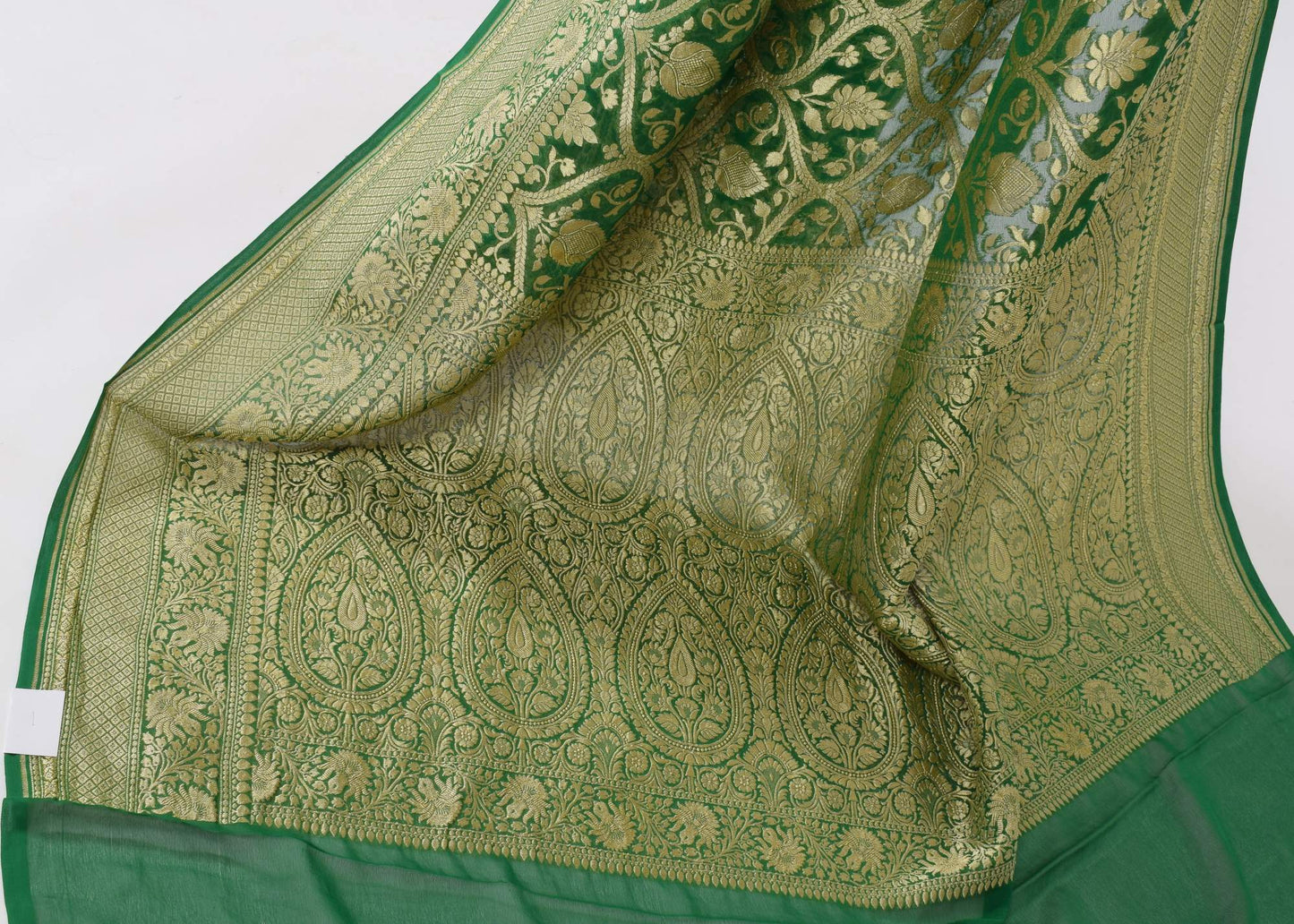 Green Pure Khaddi Georgette Silk Banarasi Handloom Woven Zari Zaal Saree Fabric