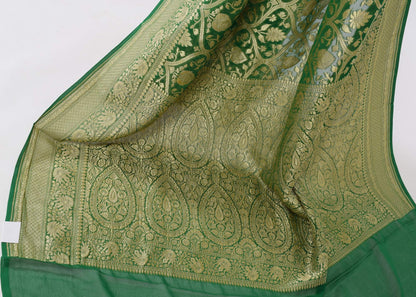 Green Pure Khaddi Georgette Silk Banarasi Handloom Woven Zari Zaal Saree Fabric