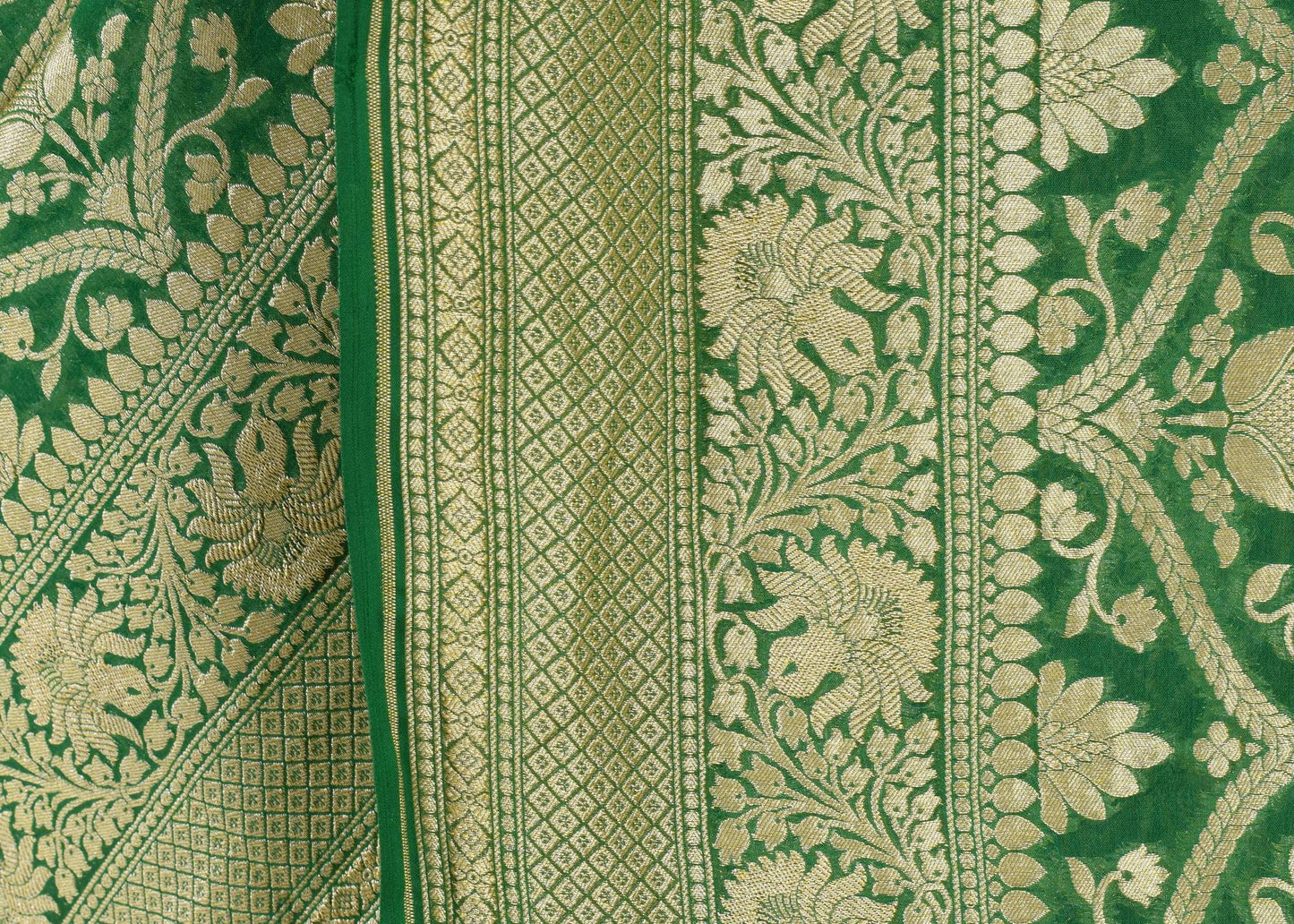 Green Pure Khaddi Georgette Silk Banarasi Handloom Woven Zari Zaal Saree Fabric