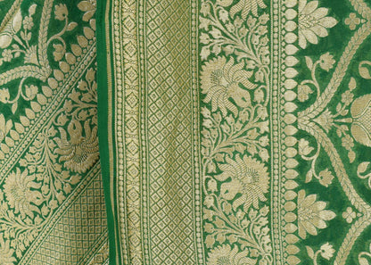 Green Pure Khaddi Georgette Silk Banarasi Handloom Woven Zari Zaal Saree Fabric