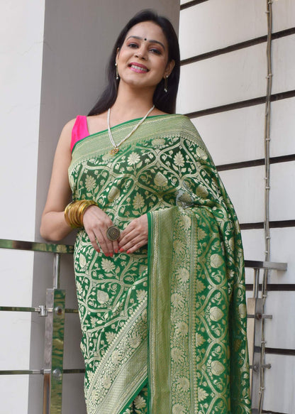 Green Pure Khaddi Georgette Silk Banarasi Handloom Woven Zari Zaal Saree Fabric