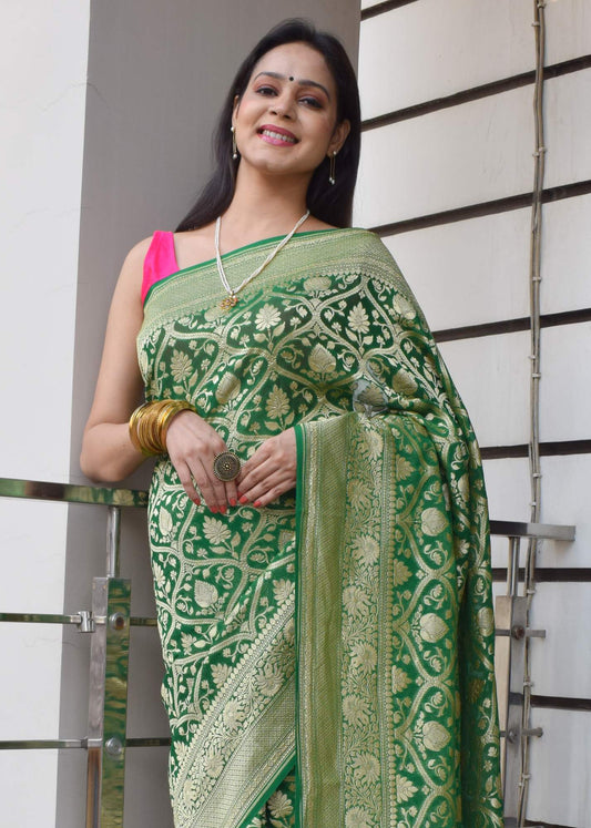 Green Pure Khaddi Georgette Silk Banarasi Handloom Woven Zari Zaal Saree Fabric