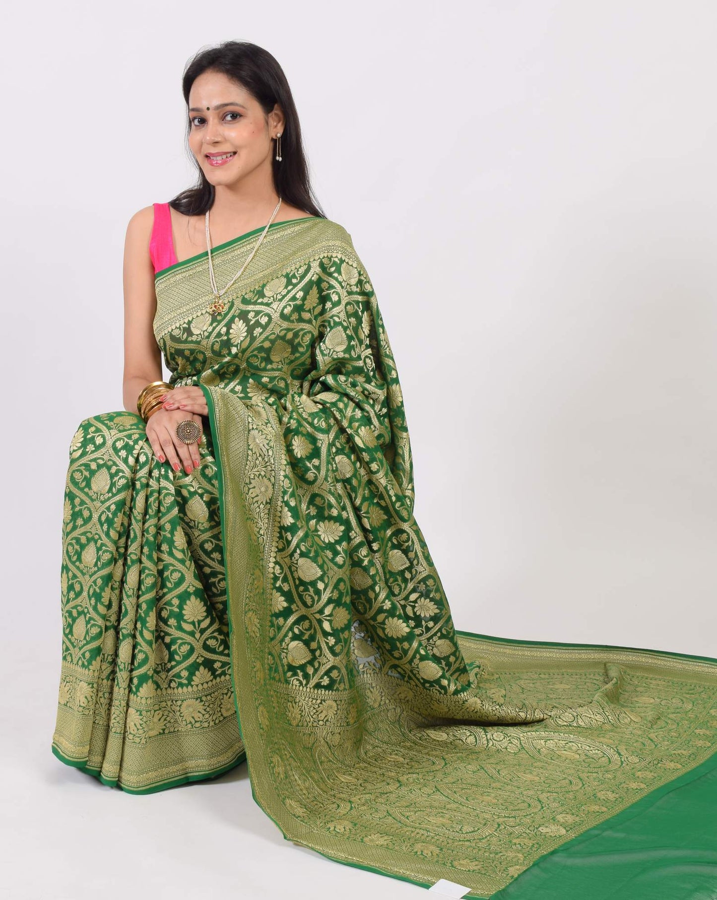 Green Pure Khaddi Georgette Silk Banarasi Handloom Woven Zari Zaal Saree Fabric