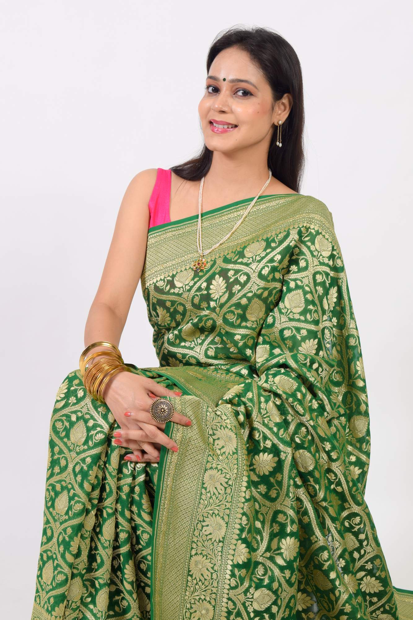 Green Pure Khaddi Georgette Silk Banarasi Handloom Woven Zari Zaal Saree Fabric