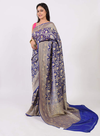 Blue Pure Khaddi Georgette Silk Banarasi Handloom Woven Zari Zaal Saree Fabric