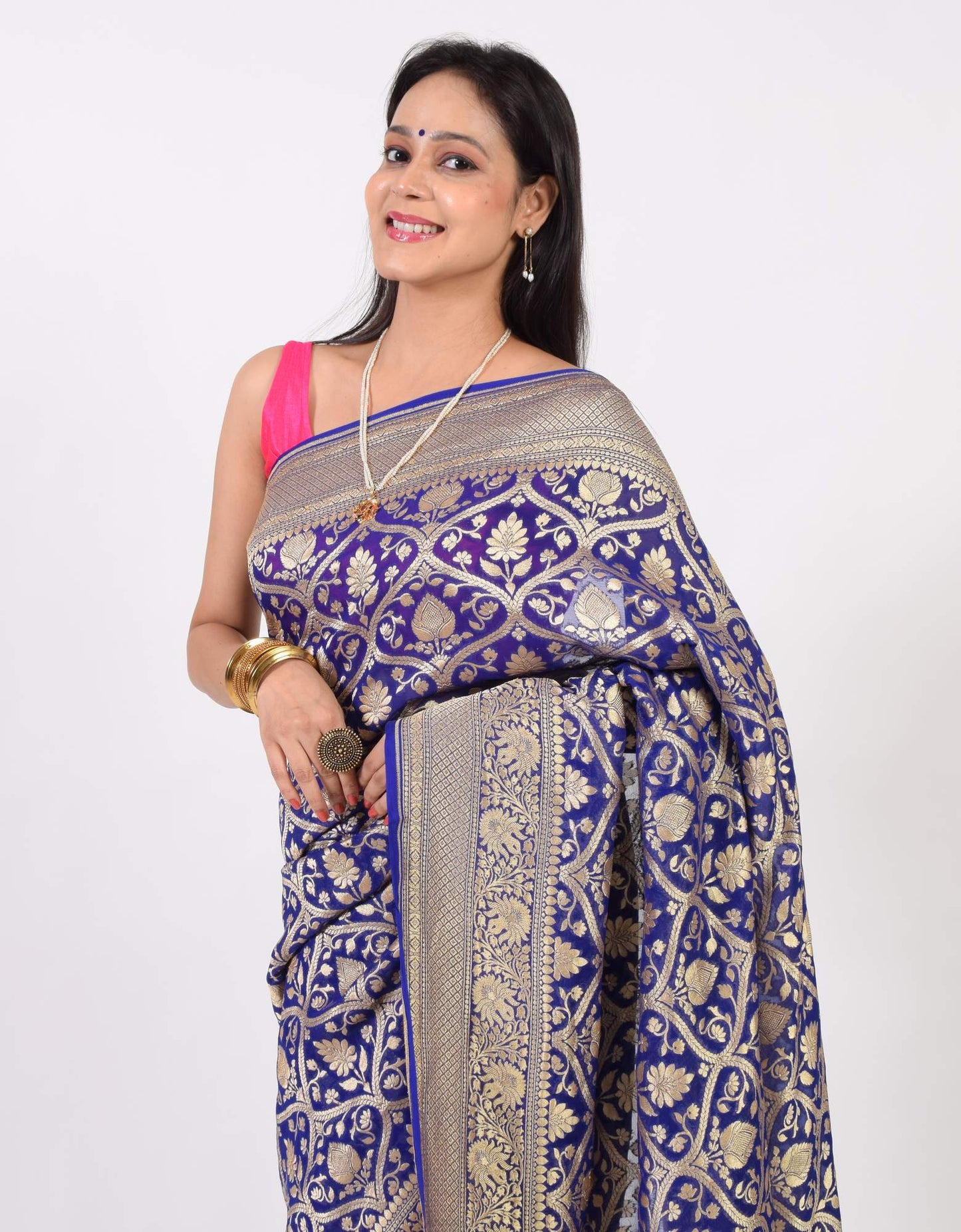 Blue Pure Khaddi Georgette Silk Banarasi Handloom Woven Zari Zaal Saree Fabric
