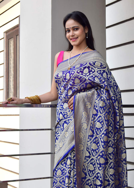 Blue Pure Khaddi Georgette Silk Banarasi Handloom Woven Zari Zaal Saree Fabric
