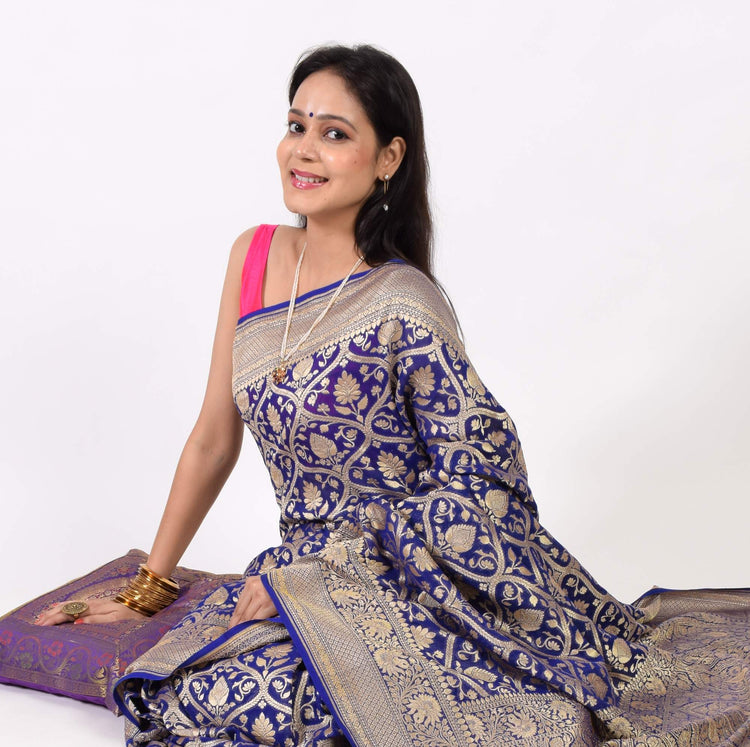 Blue Pure Khaddi Georgette Silk Banarasi Handloom Woven Zari Zaal Saree Fabric
