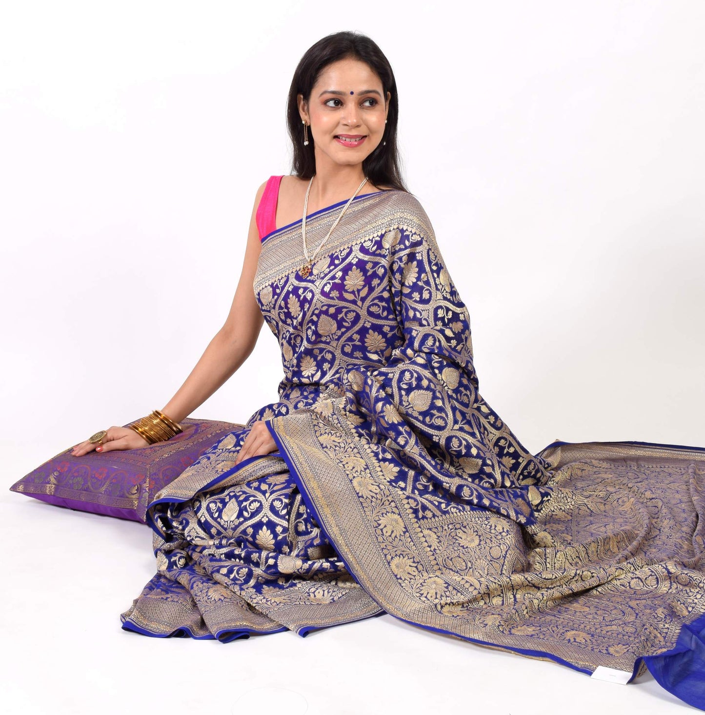 Blue Pure Khaddi Georgette Silk Banarasi Handloom Woven Zari Zaal Saree Fabric