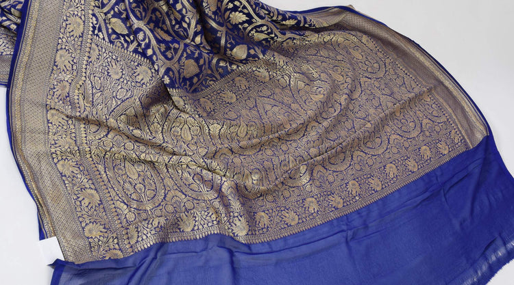 Blue Pure Khaddi Georgette Silk Banarasi Handloom Woven Zari Zaal Saree Fabric