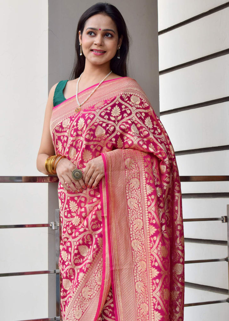 Magenta Pure Khaddi Georgette Silk Banarasi Handloom Woven Zari Zaal Sari Fabric
