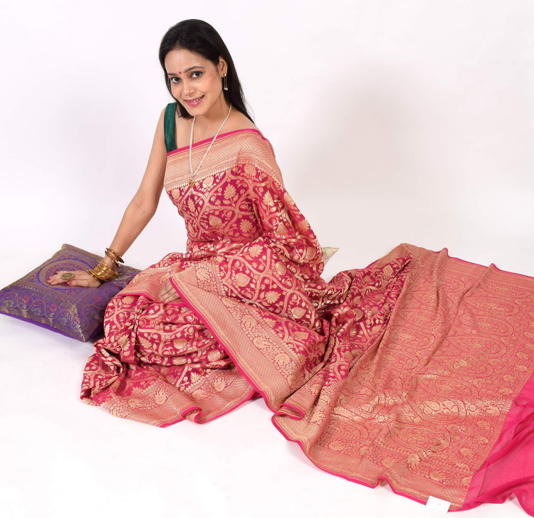 Magenta Pure Khaddi Georgette Silk Banarasi Handloom Woven Zari Zaal Sari Fabric