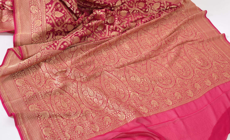 Magenta Pure Khaddi Georgette Silk Banarasi Handloom Woven Zari Zaal Sari Fabric