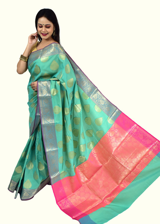 Banarasi Vastra Semi Katan Silk Woven Saree Golden Zari Buta Floral Border Green